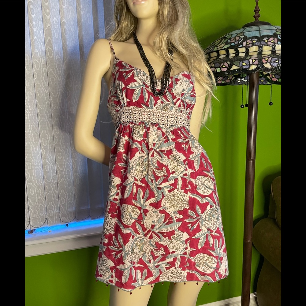 Anokhi Red Floral Bohemian Spaghetti Strap Cotton Mini Dress S